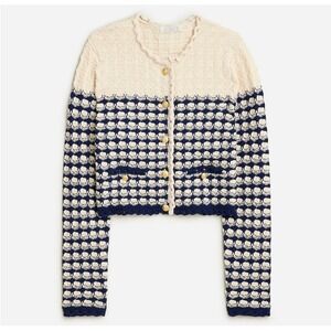 J.Crew L Textured Crochet Knit Lady Jacket Cream Navy Gold Button Cardigan NWT